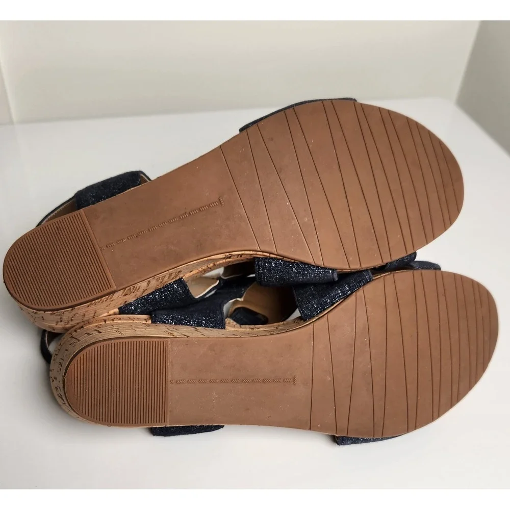 Women's Navy Shimmer Leather Cork Wedge Sandals Adjustable Straps Blue 9M